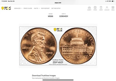 2009  P  Copper Clad Zinc Presidential 1C PCGS Graded MS-66 With Die Chip - Image 1 of 3