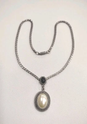 1928 Brand Silver Tone Faux Pearl Black Cabochon Pendant Necklace 15", 1.5",F51 - Image 1 of 4