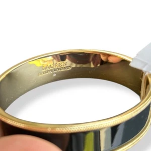 Round Black Enamel Hinged Bangle Bracelet in Gold Tone Metal - Picture 1 of 6