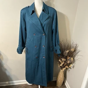 Vtg Misty Harbor Original Women Teal Blue Trench Coat Belt Pocket Wool Lined 14 - Picture 1 of 13