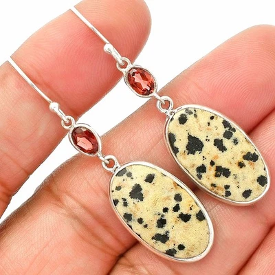 Natural Dalmatian & Garnet 925 Sterling Silver Earrings Jewelry E-1002 - Image 1 of 4