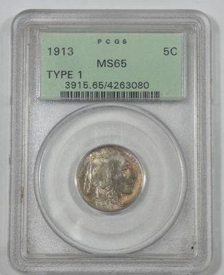 1913 Ty-1 Buffalo Nickel CERTIFIED PCGS MS 65 5c ~ Old Green Holder - Image 1 of 4
