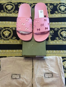 NEW AUTH Gucci Slides Pink Rubber GG Cutout Slide Sandals Dust Bags & Box G 37 - Picture 1 of 5