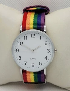 Unisex Gay Pride Round Silver Tone Rainbow Flag Band LGBT Pride Analog Watch I4 - Picture 1 of 8