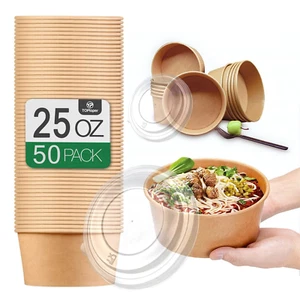 50 Pack 25 Oz Large Paper Bowls with Lids, Disposable Soup Serving Bowls Bulk... - Picture 1 of 1