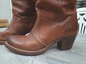 Frye Jane Stitch Leather Knee High Boots US 7.5 B Brown Leather Heel Riding Boot - Picture 1 of 10