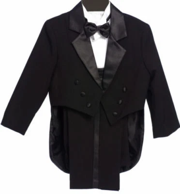 Boys Tailed Penguin Black Tuxedo suit Satin fancy wedding Bow tie vest pants - Image 1 of 4