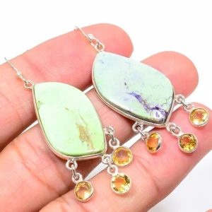 Boulder Chrysoprase Gemstone 925 Sterling Silver Dangle Drop Wife Hook Earrings - Picture 1 of 7
