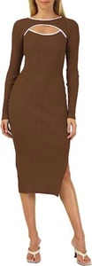 Women's Ribbed Knit Long Sleeve Cutout Bodycon Midi Sweater Dress - Picture 1 of 5
