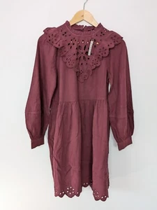 Madewell Cutout Ösen Rüschen Boho Flanell Minikleid Burgund Taschen Gr. XXS - Bild 1 von 16