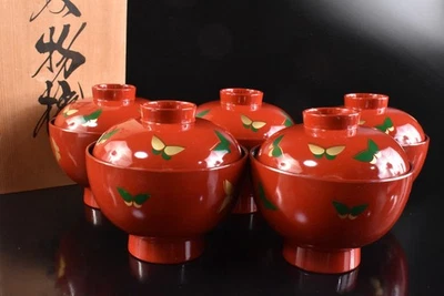 U6900: Tazón/plato de sopa pintura mariposa resina japonesa 5 piezas, con caja firmada Foto 1 de 4