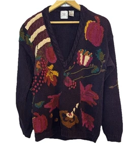 Vtg 90s Handknit Sweater Women M 3D Cottage Chunky Novelty Indie Harvest - Picture 1 of 10