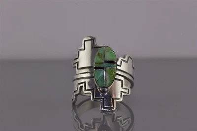 Fred Francis Navajo Sterling Silver Mosaic Gaspeite Onyx Bypass Ring 925 Sz: 9 - Image 1 of 4