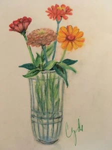 lápiz pastel flores zinnia originales en jarrón - Imagen 1 de 4