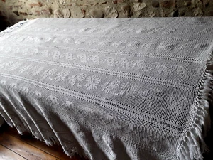 Plaid, tapis de table, dessus de lit, frange coton crochet 175x195cm vintage 70 - Imagen 1 de 8