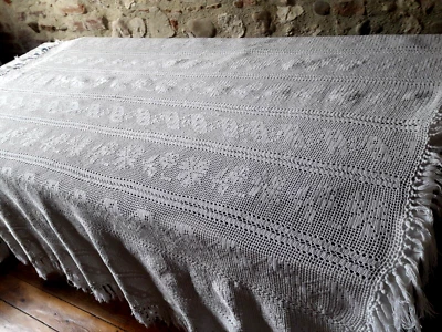 Plaid, tapis de table, dessus de lit, frange coton crochet 175x195cm vintage 70 - Photo 1/4