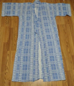Wex Hotel Linen Kimono Robe One Size Blue Geometric Long Tie Waist Unisex Japan - Picture 1 of 10