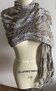 NWT Pashmina Scarf Fringe Smocked TAN’S Brand Fringe Brown, Black, White 19 X 68 - Picture 1 of 7