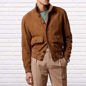 Classic Men's Sheepskin TAN Suede Bomber Leather Jacket Biker Luxury Plain Coat - Picture 1 of 3