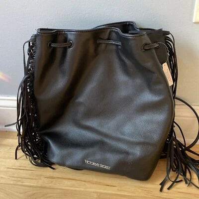 Victorias Secret Fringe Drawstring Faux Leather Sling Backpack Tote Bag Black  - Image 1 of 4