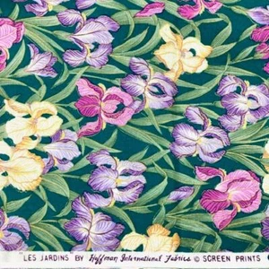 Iris with gold outlines on Green Les Jardins by Hoffman 100% cotton to quilt sew - Picture 1 of 5