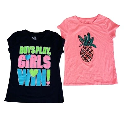 Justice T-shirt Set Of 2  Top Size 8 Black Pink Pineapple Boys Play Girls Win - Image 1 of 4