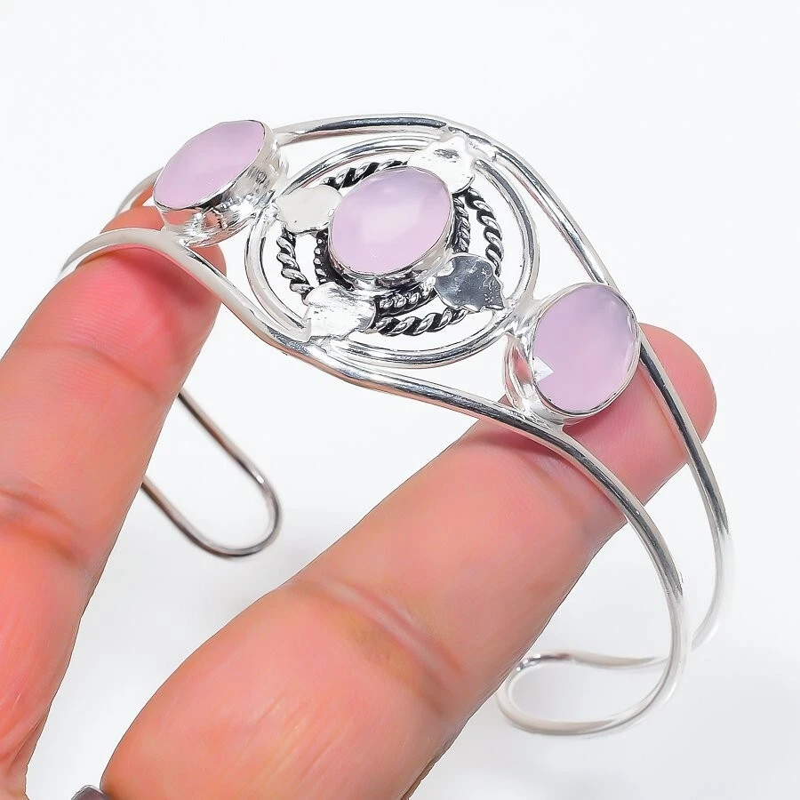 Brazalete ajustable de cuarzo rosa con piedras preciosas de plata de ley 925 Foto 1 de 1
