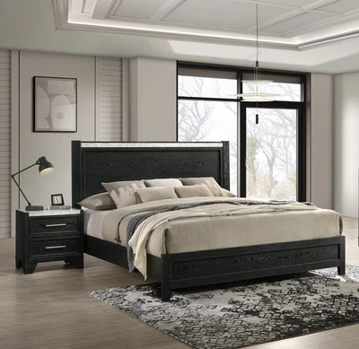 3pc Black Queen Size Panel Bed 2x Nightstand Set White Faux Marble Accent Wooden - Image 1 of 4