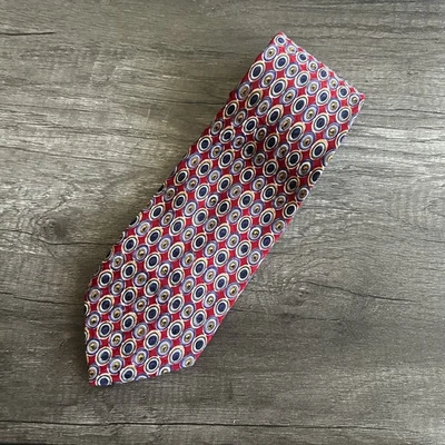 Corbata de seda Vito para hombre clásica roja azul patrón de círculo geométrico hecha a mano en Italia Foto 1 de 4
