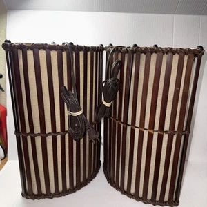 Mid Century Modern Walnut Slat Wood Cylindrical Column Hanging Lamps (2) - Picture 1 of 9