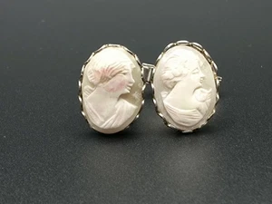 Antike echte Kamee Muschel geschnitzt Manschettenknöpfe Silber Set - Bild 1 von 4