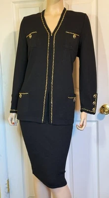 Nice St John Black & Gold Santana Knit Jacket & Skirt Suit Set sz 14 - Image 1 of 4