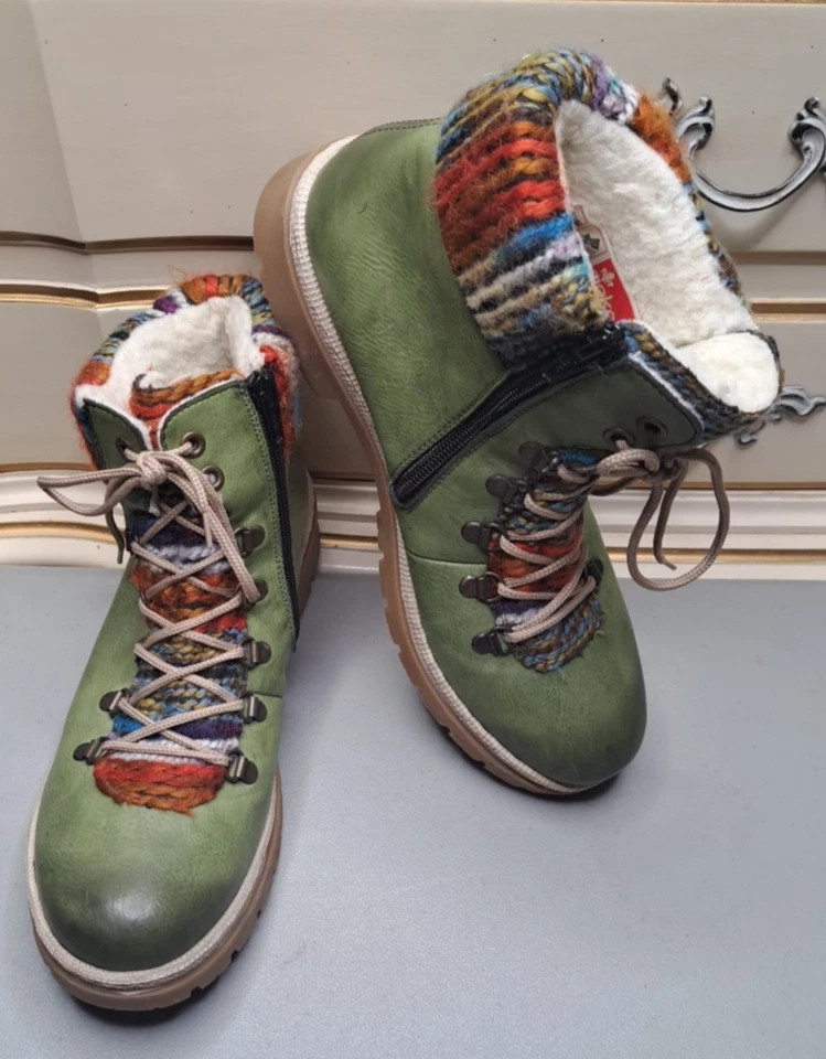 Rieker Botas al Tobillo Felicitas Boho Forradas a Cuadros de Cuero Verde para Mujer 10 Cremallera Lateral Foto 1 de 4