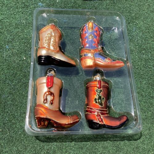 4 Red Shed Glass Cowboy Boots Christmas Ornaments W/ Box