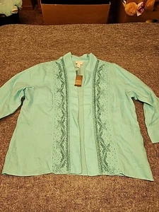 Chicos Jacket Womens 3 Aqua Breeze Beaded Cutout Open Linen Coastal Beach Summer - Picture 1 of 14