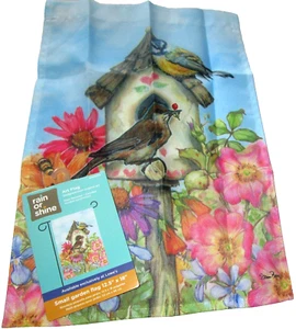 GARDEN ART FLAG ~ 12.5" X 18" ~ BIRD HOUSE IN A GARDEN OF SPRING FLOWERS - Picture 1 of 1