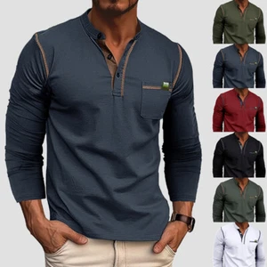 Men Casual Long Sleeve T-shirt Henley Grandad V Neck Button Solid Tee Shirt Tops - Picture 1 of 18