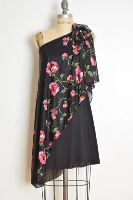 vintage 70s dress black pink one shoulder draped floral print disco mini S - Imagem 1 de 4