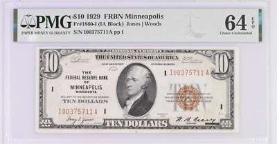 1929 $10 Federal Reserve Note Minneapolis FR #1860-I -  MS-64 EPQ PMG Certified - Image 1 of 2