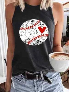 NEW Med. Casual Poly Black Tank Top Round Neck w Baseball & Heart Graphic Print - Picture 1 of 3