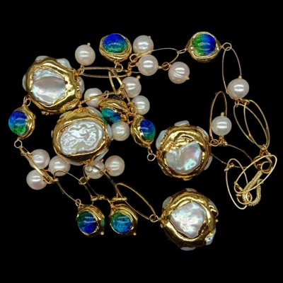 21"Freshwater Cultured White Keshi Pearl Blue Murano Glass Necklace - Image 1 of 4