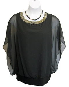 Beaded Chiffon Top Plus Size 1X 18W 20W Butterfly Wing Sleeves Black Sheer NEW - Picture 1 of 8