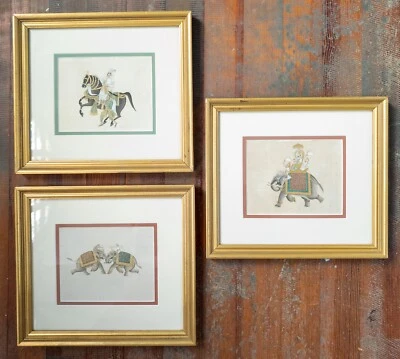 Антикварная группа из 3 могольских индийских миниатюрных акварельных картин слоны лошади - Изображение 1 из 4