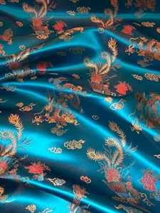 1 Meter Turquoise Chinese Dragon Design Brocade Fabric 45” Wide Oriental - Picture 1 of 3