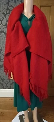 Vintage Red Classic Oversized Cosy Open Poncho Fringed Cape Shawl Wrap One Size  - Image 1 of 4
