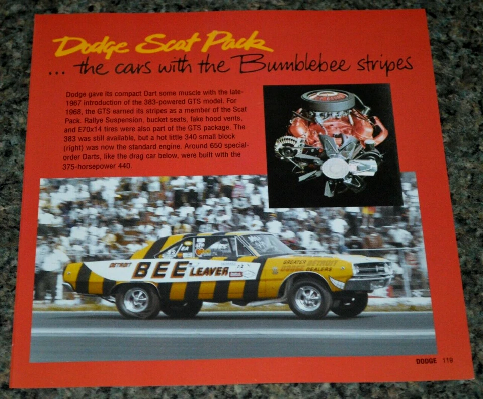 1968 Dodge Dart GTS 340 Picture Feature Print 68 NHRA Bumblebee Scat Pack 3 - Image 1 of 1