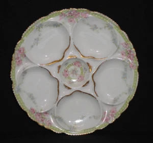 Antiker Austernteller ~ T Haviland Limoges ~ pastellgrüner Rand Blumen ~ Gold - Bild 1 von 8