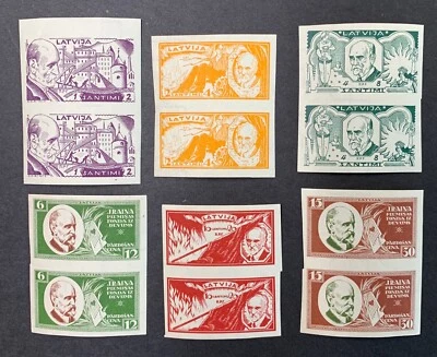 Latvia, Latvija, Sc B66-B71 imperf.; Mi 153B-158B MNH/** pairs - Image 1 of 2
