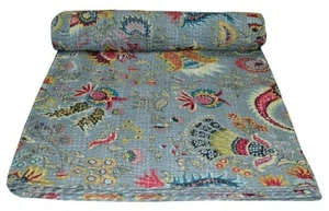 King Size Gray Mukut Indian Cotton Kantha Handmade Quilt Bedspread Blanket - Picture 1 of 1
