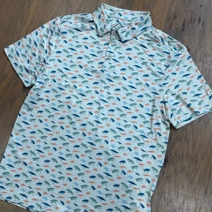 Burlebo Polo Shirt Mens M White Fly LIfe Fishing Print Performance Stretch Golf - Picture 1 of 10